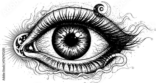eye illustration, engraved style, monochrome