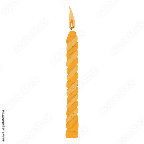 Twisted candle with flame vector illustration. Spiral wax stick with burning wick. Hand drawn orange twisted candle