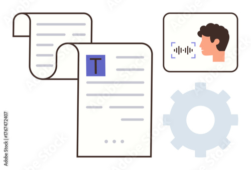 Speech-to-text visualization includes flowing documents, profile with voice input recognition, and gear for settings. Ideal for technology, automation, data management, digital tools, AI, simple flat