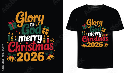 Glory to God Merry Christmas 2026 T-Shirt – Christian Holiday Graphic Tee with Candles, Gifts & Bells – Faith-Based Xmas Gift for Men, Women & Kids