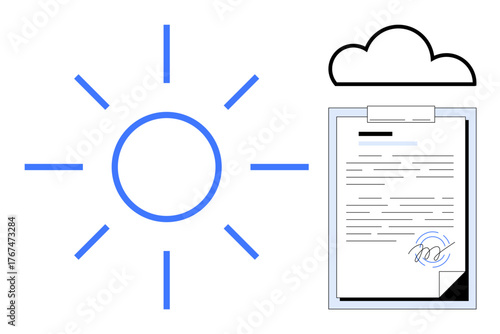 Sun icon beside a cloud and signed document on clipboard. Ideal for online storage, clean energy, productivity, e-signatures, efficiency, innovation, and environmental sustainability. Simple flat