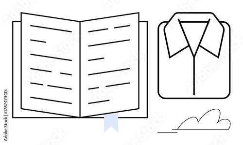 Open book with bookmark symbolizing learning, and folded shirt representing organization. Ideal for education, reading, knowledge, organization, neatness, clothing tutorials. Simple flat metaphor
