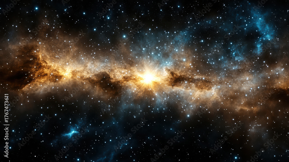 Fototapeta premium Bright cosmic explosion in deep space with glowing stars and nebulae