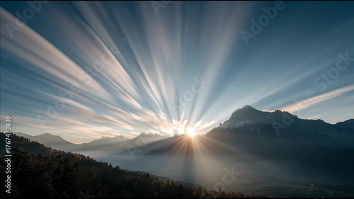 Majestic sun rising over mountain landscape. Awe inspiring light ray streaks across beautiful sky with dramatic cloud view