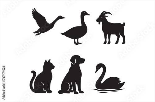 Silhouettes of a goose goat dog cat swan and duck displayed