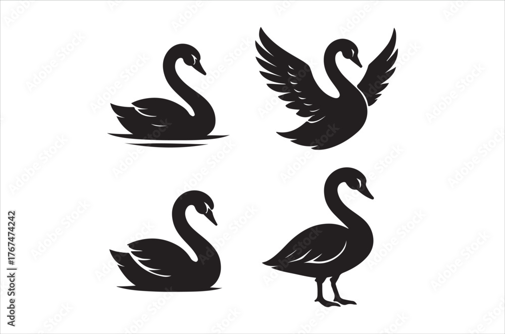 Obraz premium Elegant black swan silhouettes in various poses displayed artistically