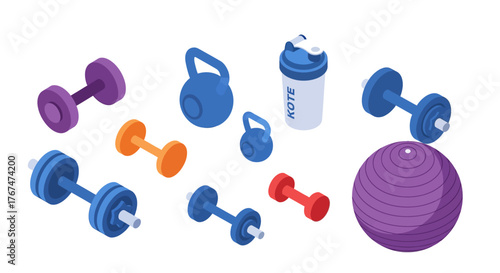 Colorful isometric gym equipment set with dumbbells, kettlebells, and exercise ball