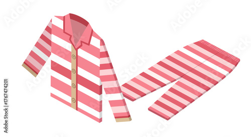 Isometric pink striped pajamas set with shirt and pants on white background