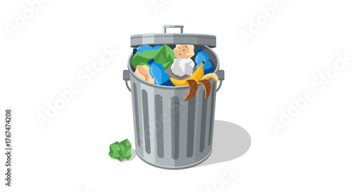 Realistic trash can with various waste items on white background