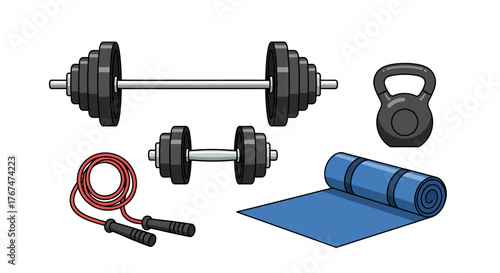 Colorful fitness equipment set: dumbbells, kettlebell, jump rope, and yoga mat
