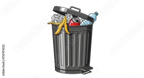 Realistic trash can with assorted waste items