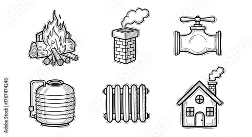 Hand drawn heating elements and cozy home features in black and white