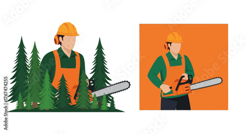 Silhouette of lumberjack with chainsaw and trees in modern flat design