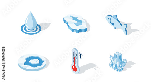 Climate and temperature icons in isometric style featuring water and ice elements