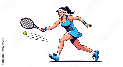 Female tennis player in action with racket and ball