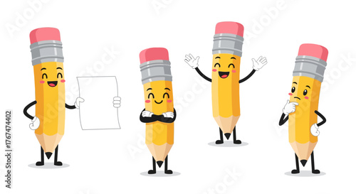 Cute cartoon pencils with cheerful expressions and gestures