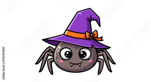 Cute halloween spider with witch hat in cartoon style