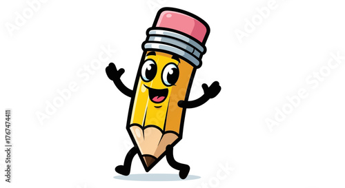 Happy cartoon pencil character with arms and legs on white background