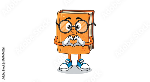 Cute cartoon book character with glasses making heart hand gesture