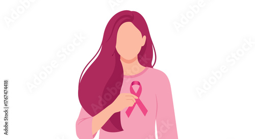 Woman supporting breast cancer awareness with pink ribbon