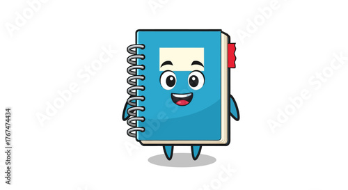 Cute cartoon notebook character with spiral binding and happy face