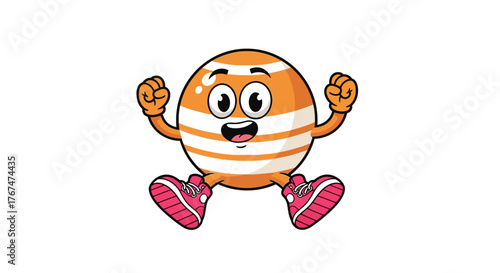 Cheerful striped cartoon character with excited expression and pink sneakers