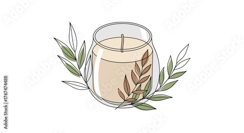 Elegant line art of a candle with leaves on white background