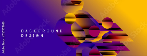 Abstract gradient background features overlapping circles, rectangles. Vivid purple transitions to bright orange hues. Modern design element.