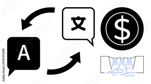 Speech bubbles with letters and language symbol linked by arrows, dollar sign circle, and waterfall icon. Ideal for translation, international trade, communication, technology, globalization