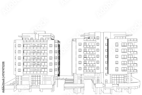 Two tall residential buildings with clean contour lines and multiple windows stand side by side. The black and white architectural drawing is set against a plain white background.