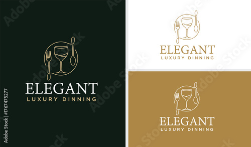 Line Art Logo of Spoon Fork Plate Knife Glass for Restaurant and Cafe Logo Design