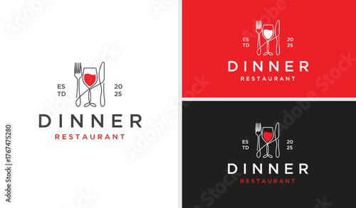 Line Art Spoon Fork Plate Knife Glass for Restaurant and Cafe Logo Design