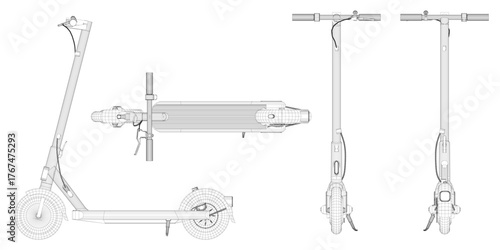 Detailed blueprint of an electric scooter on a white background, featuring a wireframe design with clearly visible handlebars, wheels, and pedals.