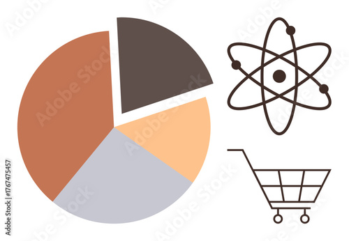 Pie chart divided into sections, atomic structure with orbiting electron, minimal shopping cart representing analytics, science, economy, education, research, technology, and consumerism in simple