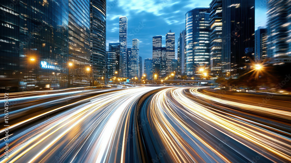 Fototapeta premium Dynamic cityscape with light trails from vehicles on busy road, showcasing modern skyscrapers