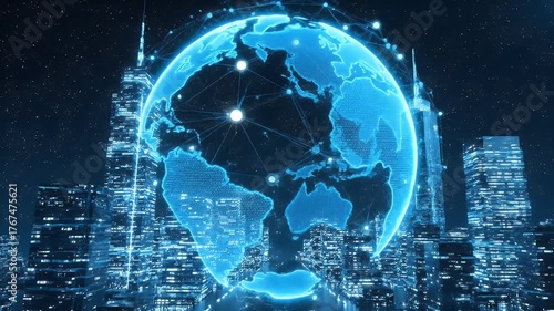 Wallpaper Mural Digital Earth Hologram over Futuristic Cityscape with Global Network Connections Torontodigital.ca