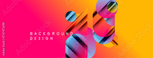 Vibrant gradient background features geometric shapes, circles, rectangles. Modern design elements create dynamic visual impact.