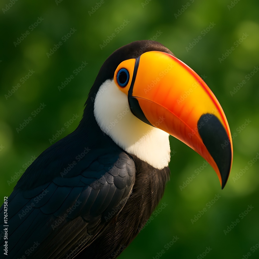 Obraz premium Vibrant Toucan with Colorful Beak: Close-Up of Exotic Tropical Bird in Lush Rainforest Habitat - Stunning Nature Photography Highlighting Avifauna and Wildlife Conservation