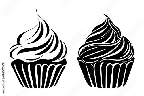 Set of two cupcakes or muffins logo. Vector black ink isolated illustration in sketch line style