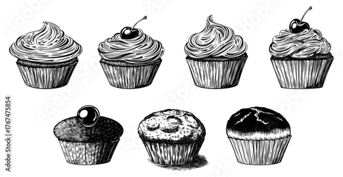 Set of various cupcakes or muffins with cherries. Vector black ink isolated illustration in sketch line style