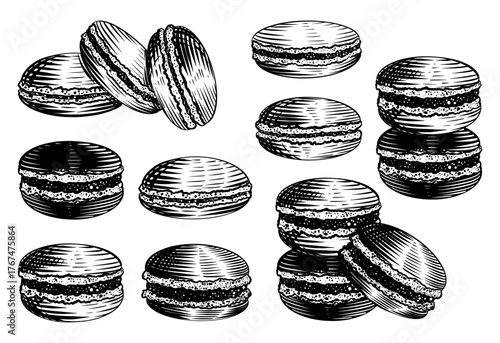 Set of French sweet macaroons cookies. Vector black ink isolated illustration in sketch line style