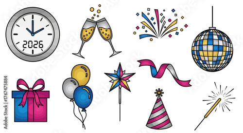 Festive collection of New Year's Eve celebration elements, including clock, champagne, and fireworks.