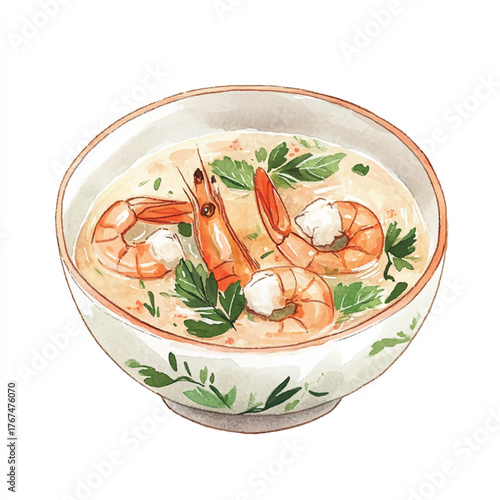 Delicious Shrimp Soup in a Bowl with Herbs.