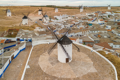Aerial view of the windmills of Campo de Criptana, Castilla-La Mancha, Spain.