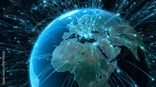 Wallpaper Mural Digital Global Network. Glowing Earth with bright lines connecting continents, symbolizing worldwide communication and data transfer. Torontodigital.ca