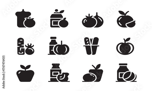 Fruit and vegetable icons isolated on white background in glyph style