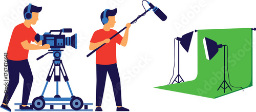 Video Production Crew Filming on Green Screen Set. Cameraman and Boom Operator Working with Lighting