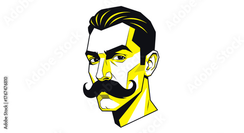 Stylized portrait of a man with prominent mustache in bold graphic style illustration