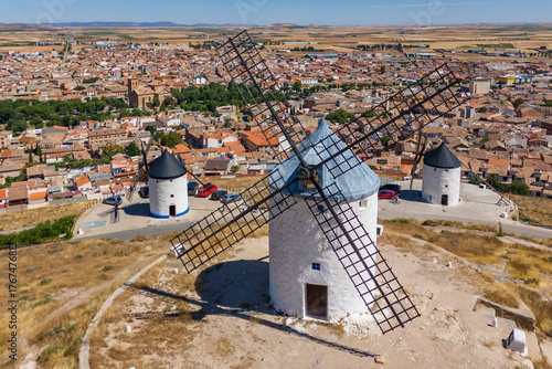 Aerial view of the historic windmills of Consuegra, Castilla-La Mancha, Spain.