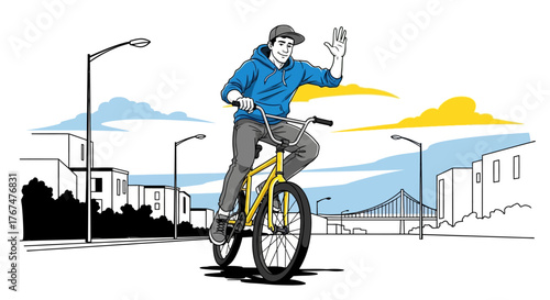 Illustration of a young man riding bicycle through an urban landscape with city views waving his